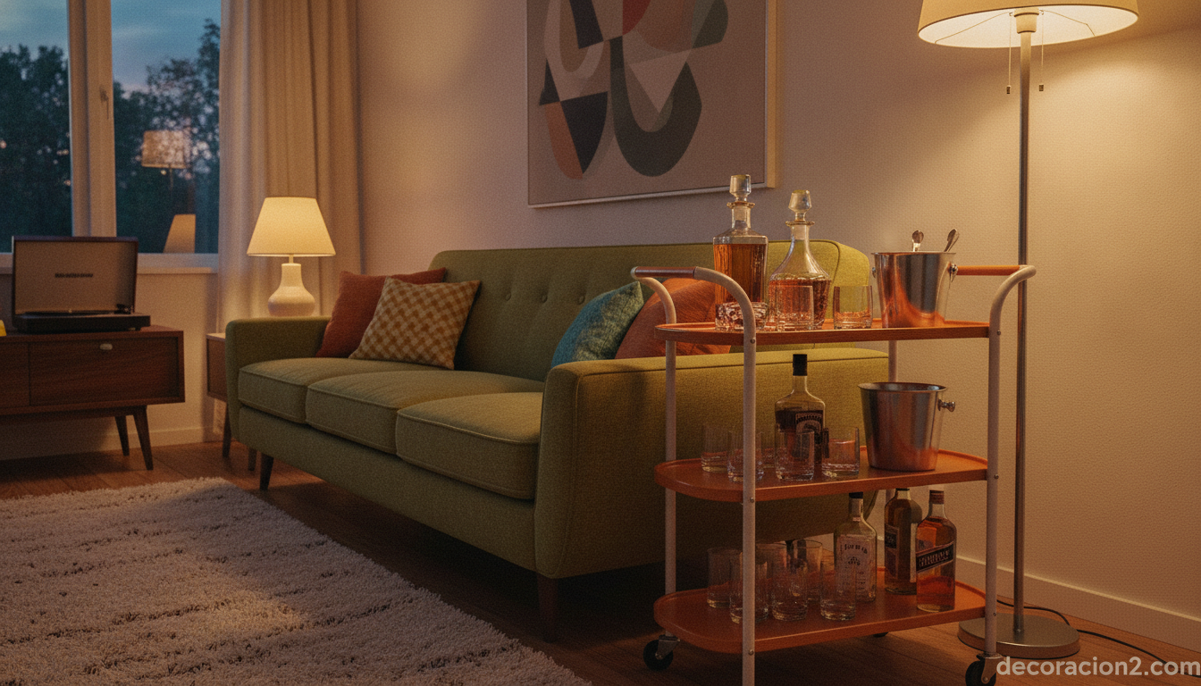 Mesa auxiliar retro usada como mueble bar en el salón