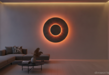 Lámpara Eclipse de Ronen Kadushin iluminando un salón minimalista contemporáneo