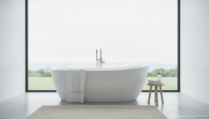 Bañera de diseño minimalista blanca de formas curvas en un baño moderno luminoso
