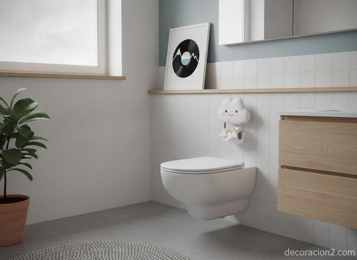 Baño minimalista decorado con detalles temáticos originales