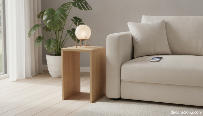 Mesa auxiliar con enchufes de diseño nórdico junto a un sofá en un salón minimalista