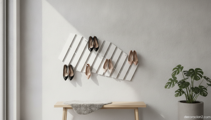 Zapatero minimalista de pared con zapatos de tacón en un recibidor moderno
