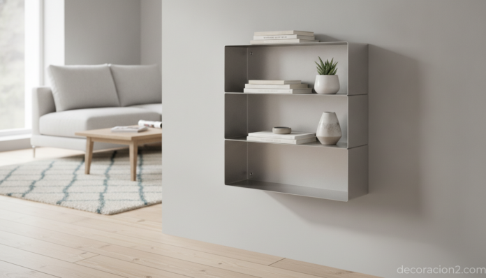 A minimalist wall-mounted steel folding shelf, single sheet of bent steel forming three shelves, mounted on a light gray w... Estantería Piegato de acero plegado montada en la pared de un salón moderno