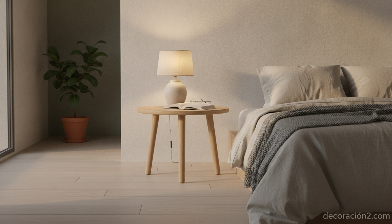 Mesa auxiliar minimalista usada como mesita de noche en un dormitorio nórdico