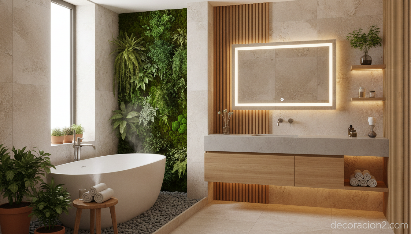 Jardín vertical de plantas en un baño moderno de estilo relajante