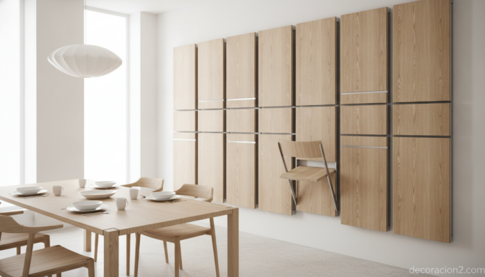 Sillas plegables de pared Pick Chair colgadas como panel decorativo en un comedor