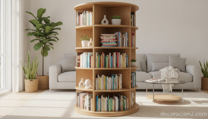 Estantería giratoria de diseño en un salón moderno con libros