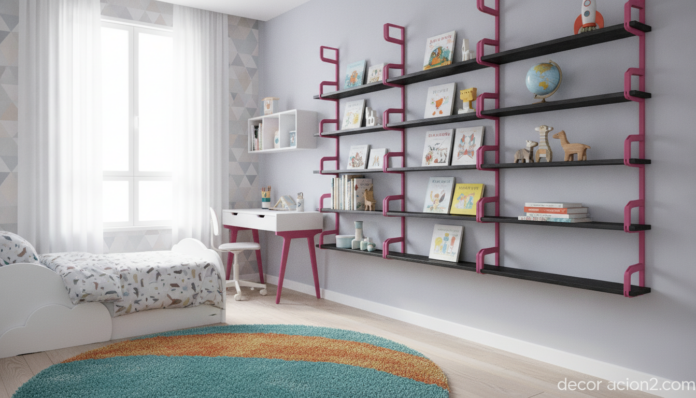 Estantería original con baldas negras y bandas laterales fucsia en un dormitorio infantil