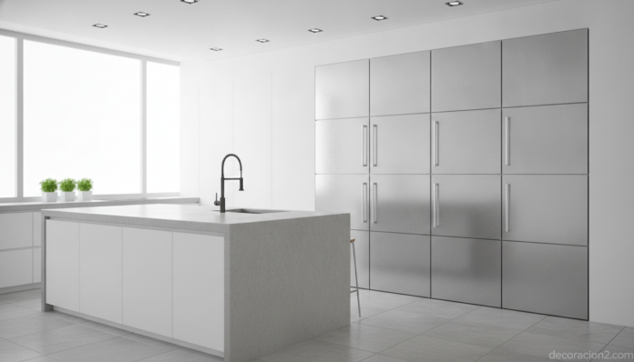A modern kitchen featuring a large modular multi-door refrigerator made of several independent small fridge compartments, ... Frigorífico multipuerta modular en una cocina moderna