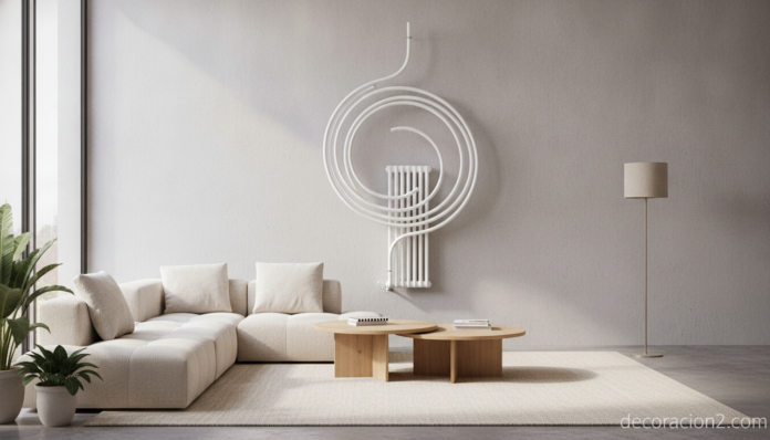 A modern living room interior with a sculptural spiral-shaped white steel radiator mounted on a plain wall as a decorative... Radiador de diseño en espiral estilo Runtal en un salón moderno
