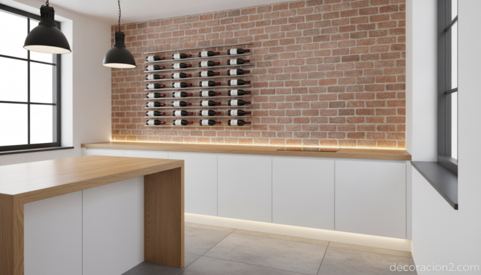 Botellero de acero de pared en una cocina moderna minimalista