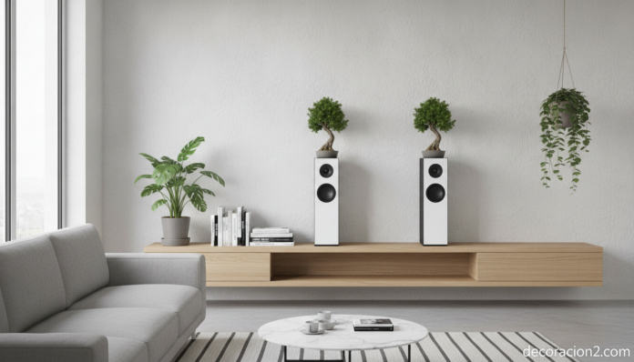 Altavoces de diseño en blanco y negro con un bonsái encima en un salón moderno