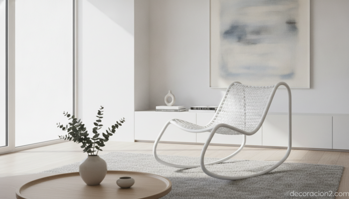 A modern minimalist living room with a sculptural white lacquered steel rocking chair with a polyurethane mesh seat, curve... Mecedora moderna de diseño Purity en un salón minimalista