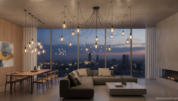 Lámpara Araña modular con múltiples puntos de luz colgando sobre un salón contemporáneo