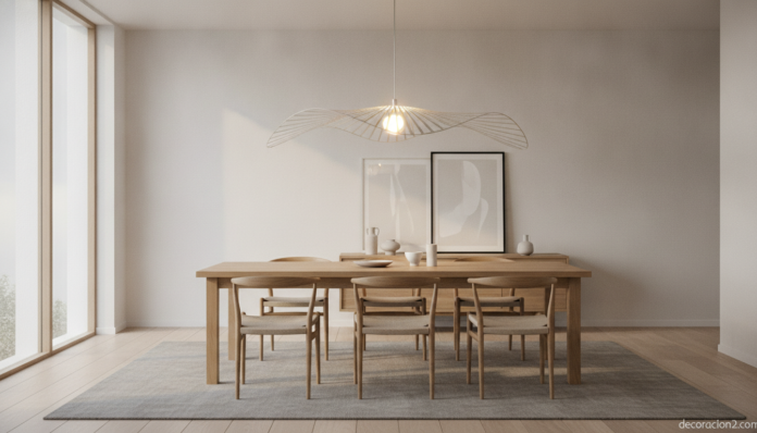 A modern Scandinavian dining room with a large sculptural stainless steel pendant lamp with organic wavy ridged surface ha... Lámpara Norm 03 de acero colgada sobre una mesa de comedor nórdica