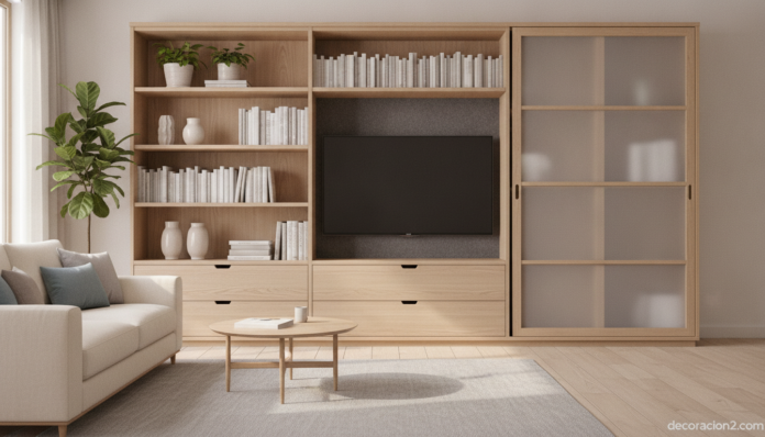 A modern Scandinavian living room with a large ash wood storage cabinet unit along the wall, featuring open shelves, drawe... Mueble de almacenaje de salón con hueco para televisión y puertas correderas de vidrio