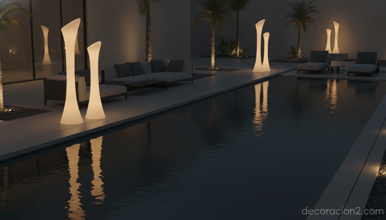 Luminarias de exterior de distintos tamaños iluminando una terraza junto a la piscina de noche