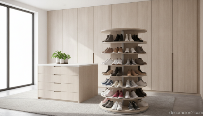 Zapatero giratorio organizando zapatos en un vestidor moderno