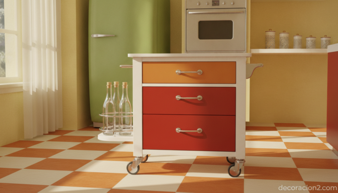 Mesa auxiliar de cocina retro con cajones de colores en cocina vintage