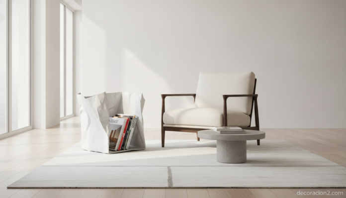 A sculptural magazine rack made of angular folded painted steel, designed to look like crumpled paper, standing next to a ... Revistero de diseño con formas anguladas de acero pintado en un salón moderno