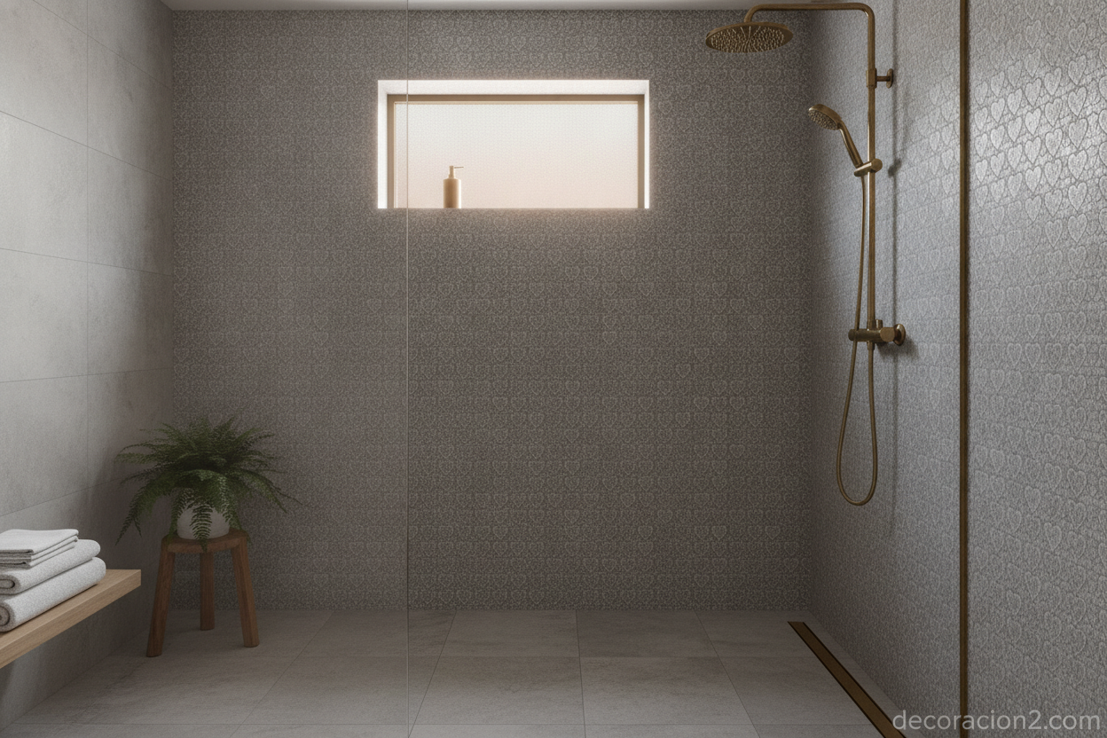Ducha moderna con mosaico gris de corazones y grifería dorada