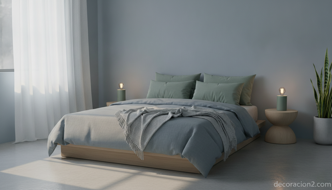 Dormitorio en tonos azul grisáceo y verde que transmite calma y favorece el descanso