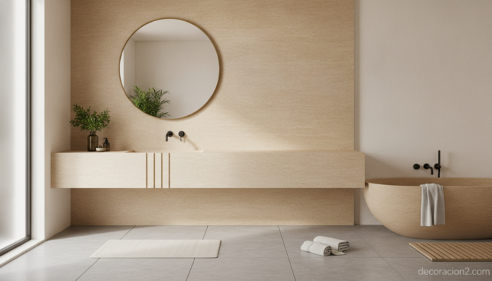 A serene modern minimalist bathroom featuring a camouflaged washbasin integrated into a continuous stone countertop, the s... Lavabo minimalista camuflado integrado en encimera continua de baño moderno