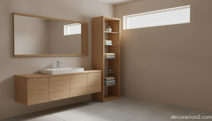 Baño nórdico con muebles de baño de madera maciza y vidrio templado