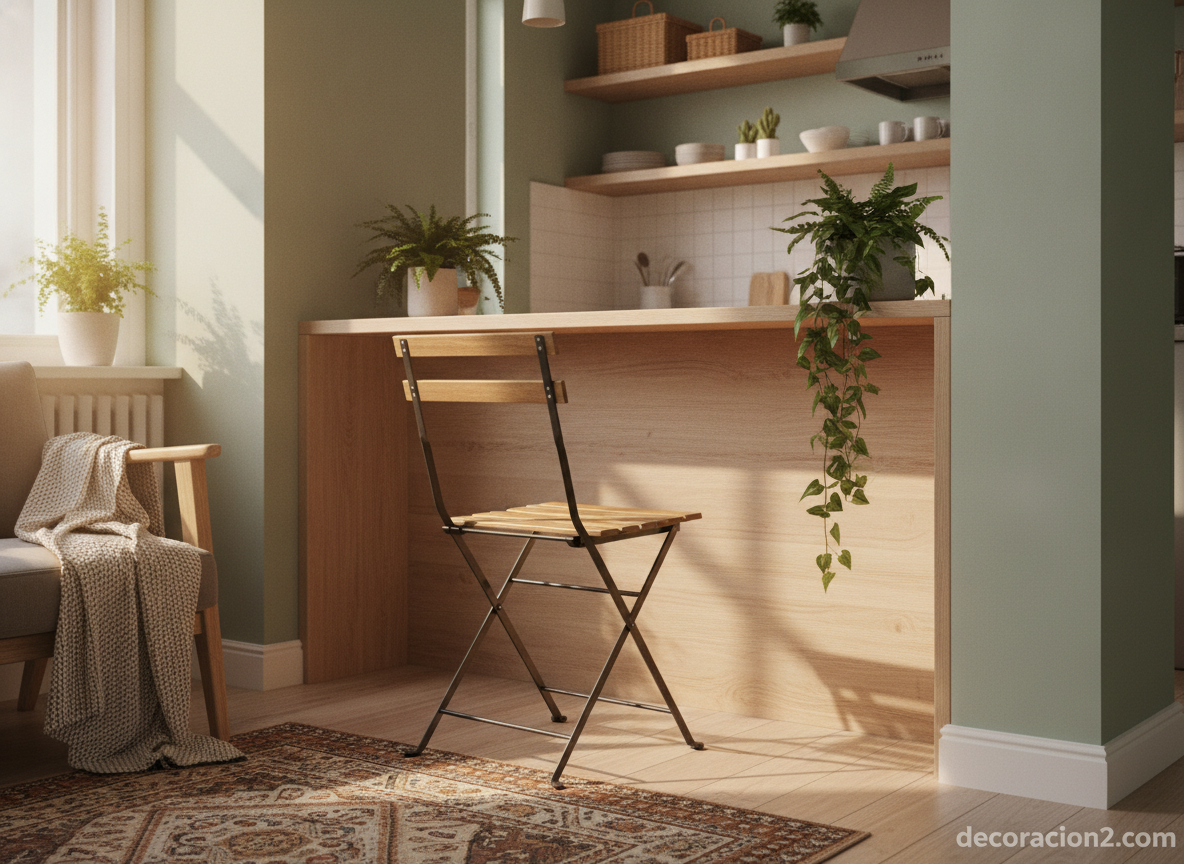 Silla plegable de madera desplegada junto a la barra de una cocina pequeña