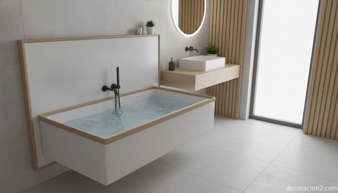 A small modern bathroom with a sleek foldable bathtub concept mounted against the wall, unfolded and ready to use, minimal... Bañera plegable desplegada en un baño pequeño moderno