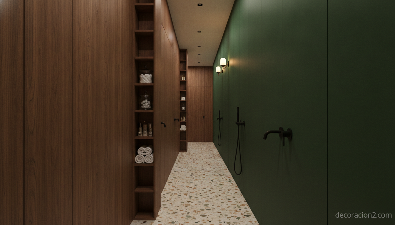 Baño pequeño con mueble columna de madera de nogal y pared verde