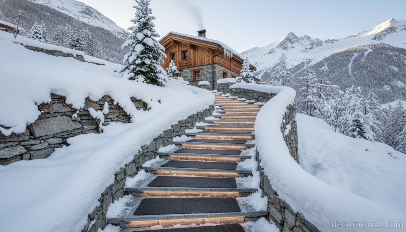 Alfombra quitanieve: el felpudo calefactable que derrite la nieve en la entrada 2 Escaleras exteriores de un chalet con alfombras quitanieve modulares despejadas