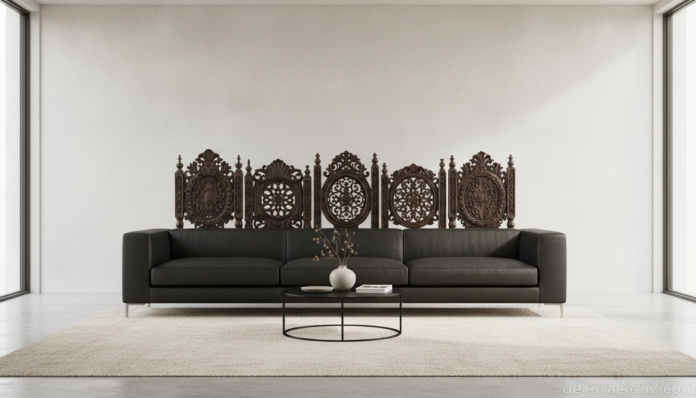 Sofá Vogue de diseño con respaldo de sillas antiguas en un salón moderno