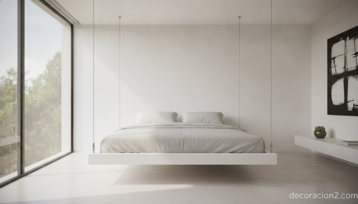 Cama suspendida minimalista colgada del techo en un dormitorio moderno