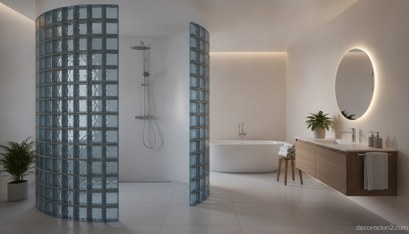 Baño con separación de ambientes mediante ladrillos de vidrio de color