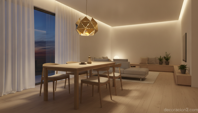A stylish contemporary living room interior at dusk, featuring an elegant geometric polished brass pendant lamp made of in... Lámpara geométrica de latón colgante iluminando un salón contemporáneo