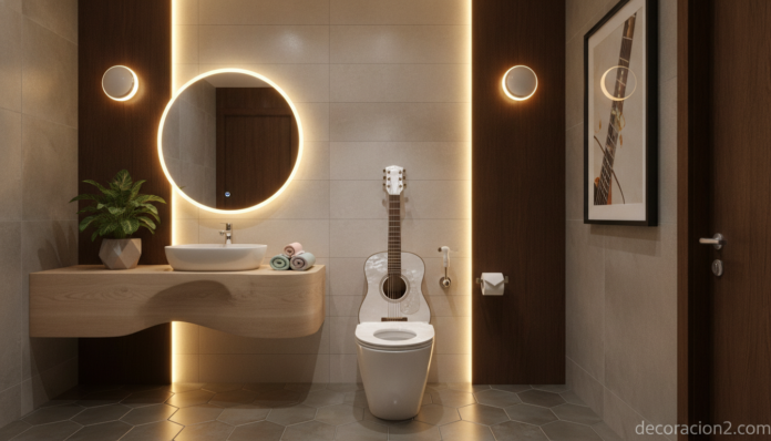 Baño moderno con una tapa de inodoro original con forma de guitarra