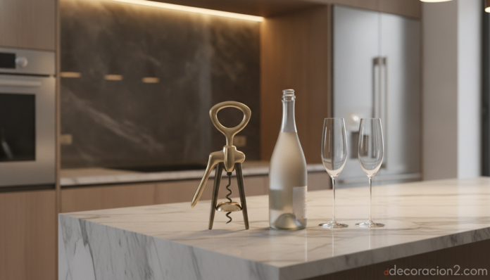 A stylish modern kitchen countertop with an elegant metallic corkscrew, a chilled bottle of cava and two glasses, warm sop... Sacacorchos elegante sobre encimera de cocina moderna con botella de cava