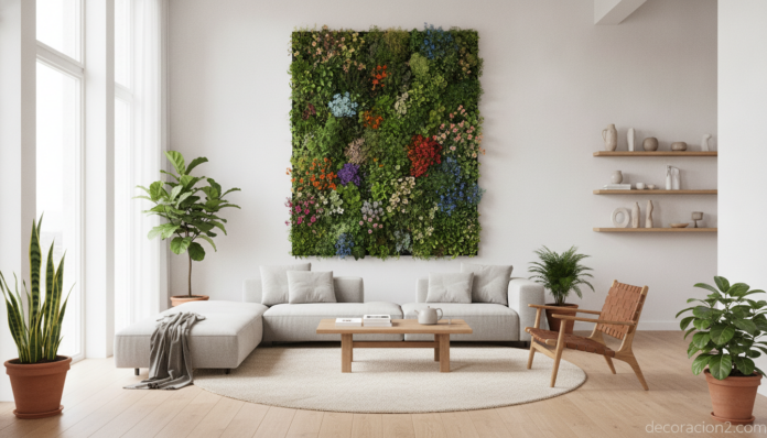 Jardín vertical con microplantas y microflores en la pared de un salón moderno