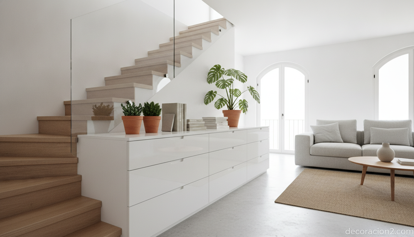 Cajonera lacada blanca bajo la escalera en un salón minimalista