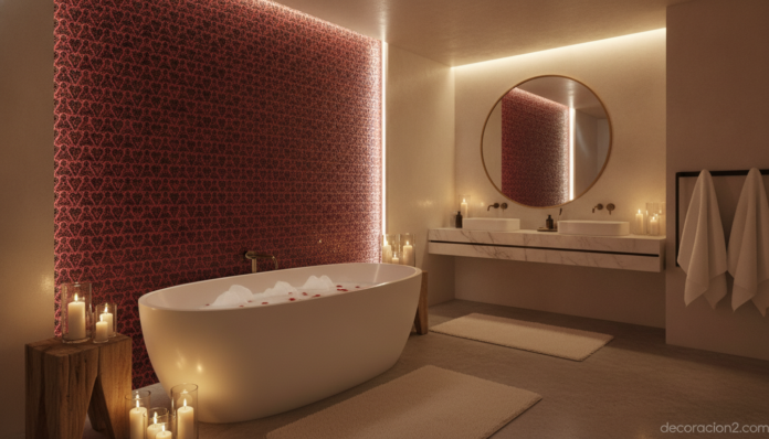 Baño romántico moderno decorado con azulejos de corazones en mosaico