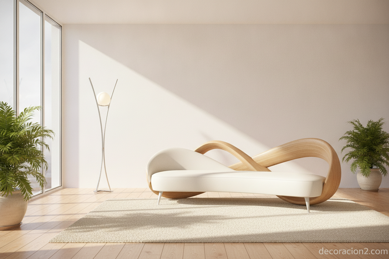 Versión en cuero blanco del sofá Vogue en un salón luminoso y minimalista