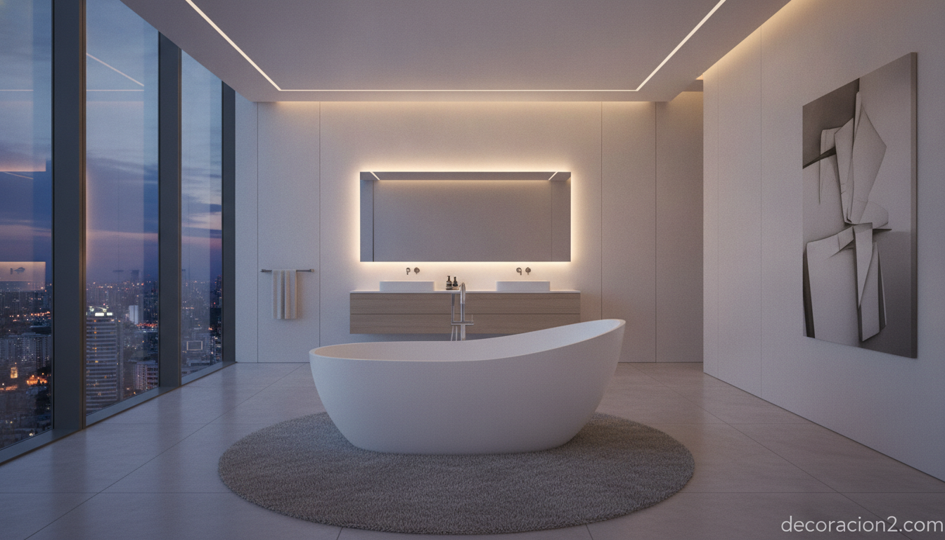 Baño contemporáneo con bañera exenta como pieza central iluminada de forma indirecta