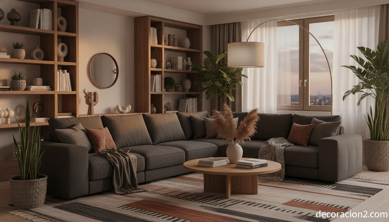 Sofá modular oscuro en forma de L en un salón contemporáneo cálido