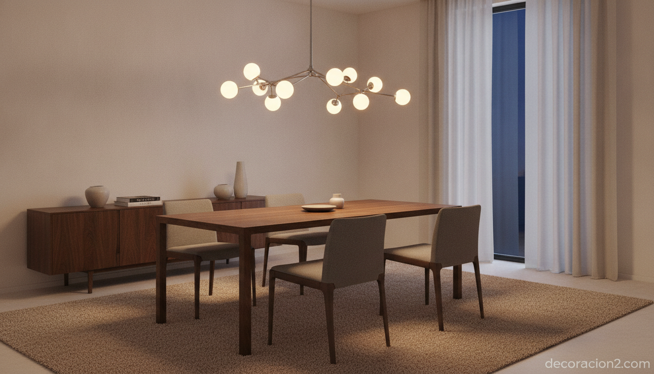 Lámpara Araña iluminando una mesa de comedor con luz cálida e íntima