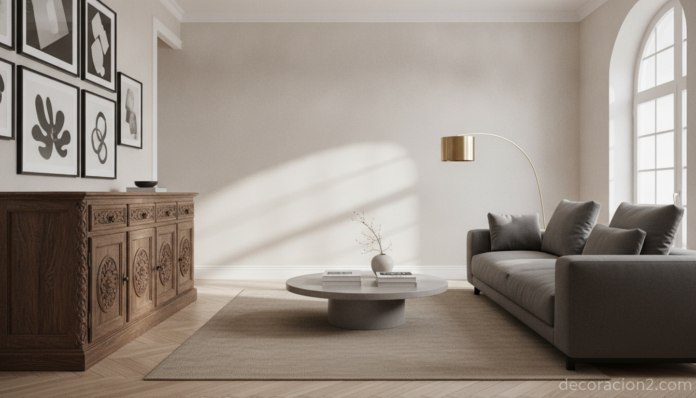 Salón que combina muebles antiguos y modernos en la decoración