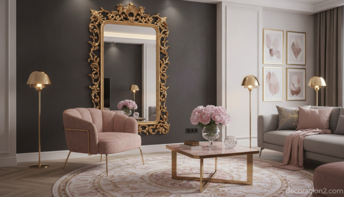 Salón decorado en estilo barroco moderno con espejo dorado y butaca de terciopelo