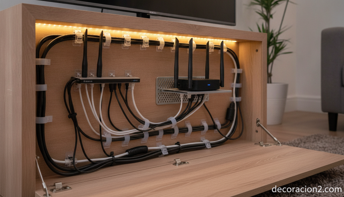 Mueble de almacenaje para el salón con hueco para TV: la propuesta Stiby de Ikea 6 Sistema de gestión de cables oculto en un mueble de salón con televisión