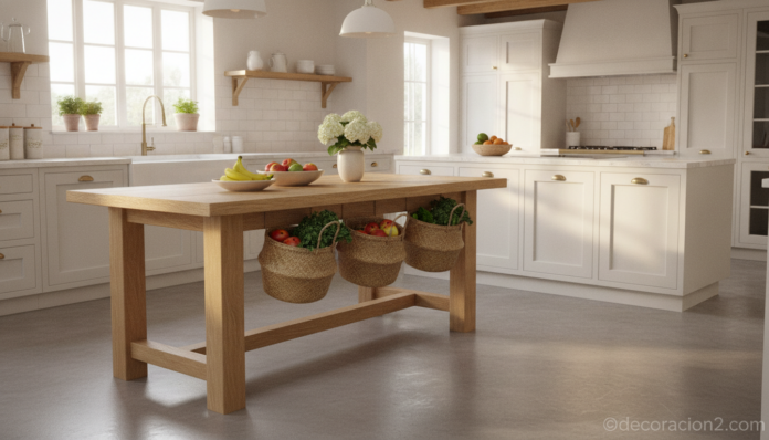 Bright modern kitchen interior with a wooden kitchen table featuring built-in storage baskets hanging from one of its legs... Mesa de cocina con almacenamiento incorporado en cestas colgantes