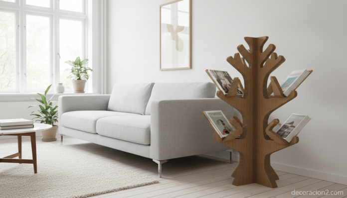 Revistero de cartón con forma de árbol en un salón de estilo nórdico